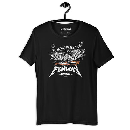 Black unisex t-shirt featuring a heavy metal-style graphic of a screaming eagle with spread wings gripping a flaming baseball bat, with the word "FENWAY" in Metallica-inspired lettering, "BOSTON" below, and "MCMXII" in Roman numerals above — The Red Seat original design