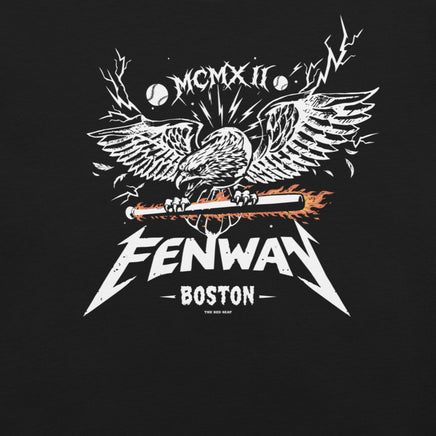 Black design featuring a heavy metal-style graphic of a screaming eagle with spread wings gripping a flaming baseball bat, with the word "FENWAY" in Metallica-inspired lettering, "BOSTON" below, and "MCMXII" in Roman numerals above — The Red Seat original design