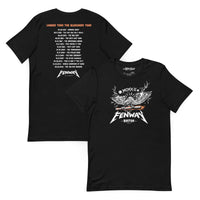 Black unisex t-shirt shown front and back: front features a heavy metal-style graphic of a screaming eagle gripping a flaming baseball bat with "FENWAY" in Metallica-inspired lettering and "MCMXII" in Roman numerals; back reads "Louder Than the Bleachers Tour" in orange distressed lettering with 15 significant Red Sox dates listed in tour date format from Opening Night 1912 through the 108-Win Machine in 2018 — The Red Seat original design