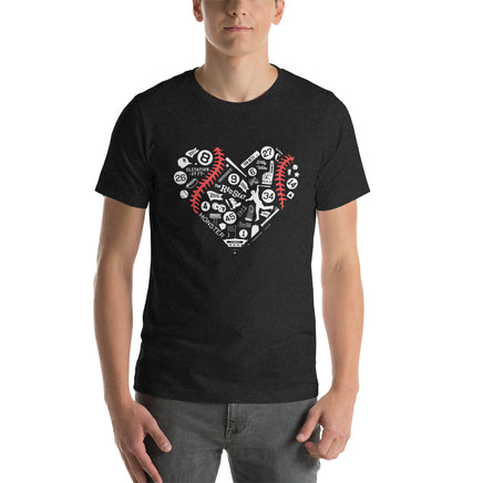 photo of man wearing unisex black t-shirt with heart shaped design with boston red sox fenway park designs