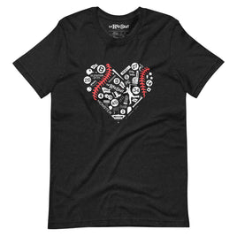 unisex black t-shirt with heart shaped design with boston red sox fenway park designs