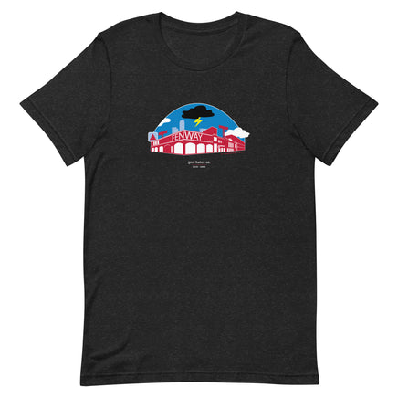 black unisex t-shirt with a red and blue design of boston red sox fenway park with a black cloud and the words "god hates us"