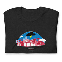 black folded unisex t-shirt with a red and blue design of boston red sox fenway park with a black cloud and the words "god hates us"