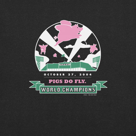 black design with 2004 boston red sox world series champion design with pigs flying over fenway park at night