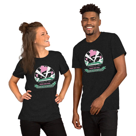 man and woman wearing black unisex t-shirt with 2004 boston red sox world series champion design with pigs flying over fenway park at night