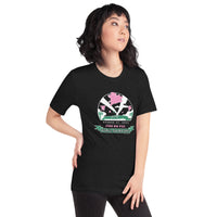 woman wearing black unisex t-shirt with 2004 boston red sox world series champion design with pigs flying over fenway park at night