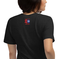 the back of black unisex t-shirt with a red and blue design of the red seat 20 year anniversary