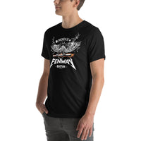 Black unisex t-shirt featuring a heavy metal-style graphic of a screaming eagle with spread wings gripping a flaming baseball bat, with the word "FENWAY" in Metallica-inspired lettering, "BOSTON" below, and "MCMXII" in Roman numerals above — The Red Seat original design