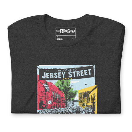 close up photo of dark grey t-shirt with boston red sox fenway park jersey street gate a design with blocks of color