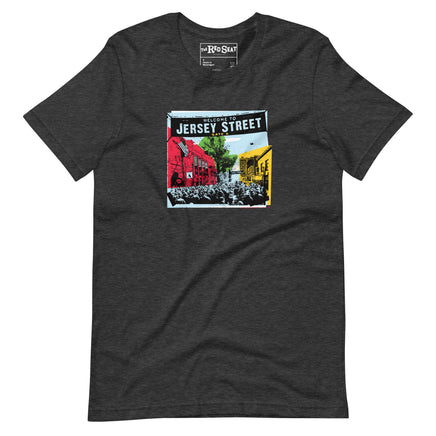 photo of dark grey t-shirt with boston red sox fenway park jersey street gate a design with blocks of color 