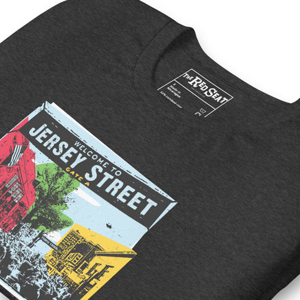 close up photo of dark grey t-shirt with boston red sox fenway park jersey street gate a design with blocks of color 
