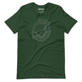 dark green unisex t-shirt with outline of fenway park and the red seat in red