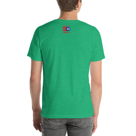 back of man wearing kelly green unisex t-shirt with the red seat 20 year anniversary logo