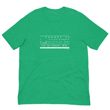 Kelly green unisex t-shirt with the green monster scoreboard from july 24 2004 red sox yankees