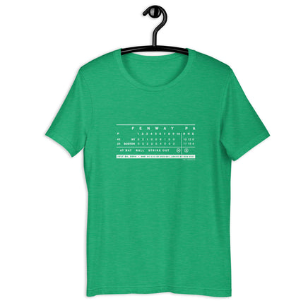 Kelly green unisex t-shirt with the green monster scoreboard from july 24 2004 red sox yankees on a black hanger