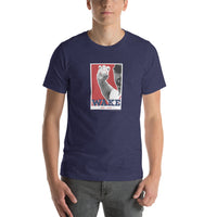 man wearing blue unisex t-shirt design of knuckle ball tim wakefield boston red sox red background with blue