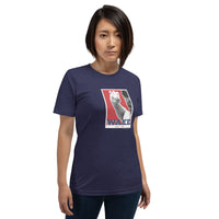 woman wearing blue unisex t-shirt design of knuckle ball tim wakefield boston red sox red background with blue