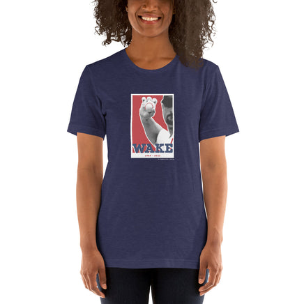 woman wearing blue unisex t-shirt design of knuckle ball tim wakefield boston red sox red background with blue