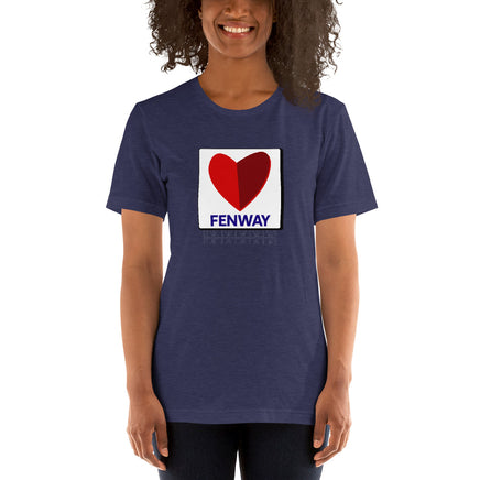 woman wearing Navy blue unisex t-shirt with boston fenway citgo sign in the shape of a heart