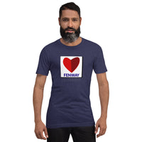 man wearing Navy blue unisex t-shirt with boston fenway citgo sign in the shape of a heart