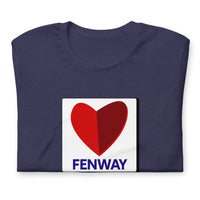 folded Navy blue unisex t-shirt with boston fenway citgo sign in the shape of a heart