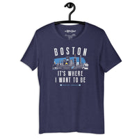 Navy blue t-shirt with 'Boston It's Where I Want to Be' design on a hanger and tartan army