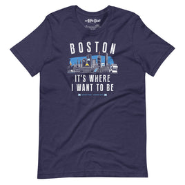 Navy blue t-shirt with Boston skyline graphic and text on a white background and tartan army