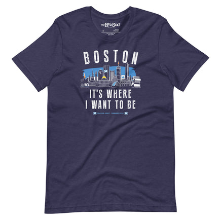 Navy blue t-shirt with Boston skyline graphic and text on a white background and tartan army