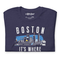 Navy blue t-shirt with 'Boston It's Where I Want to Be' design folded and tartan army