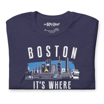 Navy blue t-shirt with 'Boston It's Where I Want to Be' design folded and tartan army