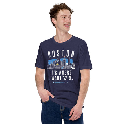 man wearing Navy blue t-shirt with 'Boston It's Where I Want to Be' design and tartan army