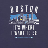 Navy blue t-shirt design with Boston skyline graphic and text on a dark blue background and tartan army