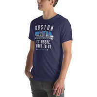 man wearing Navy blue t-shirt with 'Boston It's Where I Want to Be' design and tartan army