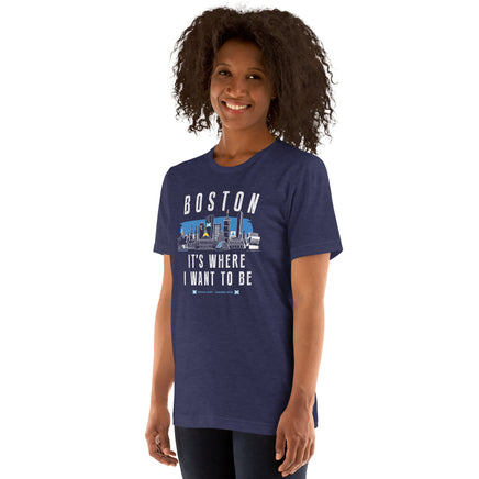 Woman wearing a navy blue t-shirt with 'Boston It's Where I Want to Be' design on a white background and tartan army