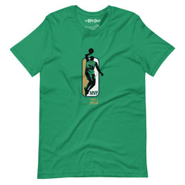 green shirt with jaylen brown mvp design in green gold and white similar to NBA logo