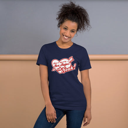 photograph of woman wearing spanglish red sox the red seat design white lettering on navy blue unisex t-shirt