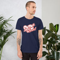 photograph of man wearing spanglish red sox the red seat design white lettering on navy blue unisex t-shirt