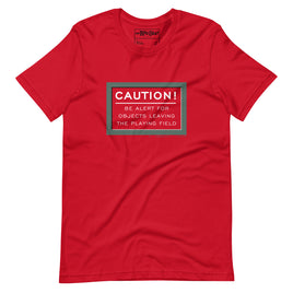 Red unisex t-shirt with fenway park caution warning in white text 