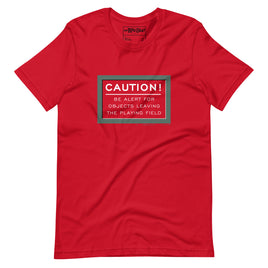 Red unisex t-shirt with fenway park caution warning in white text