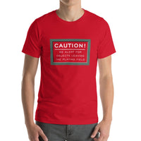 man wearing Red unisex t-shirt with fenway park caution warning in white text 
