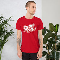 photograph of man wearing spanglish red sox the red seat design white lettering on red unisex t-shirt
