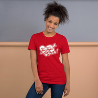 photograph of woman wearing spanglish red sox the red seat design white lettering on red unisex t-shirt