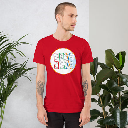man wearing Boston MBTA design as Red Sox stops using the word Sox, on red t-shirt