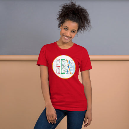 woman wearing Boston MBTA design as Red Sox stops using the word Sox, on red t-shirt