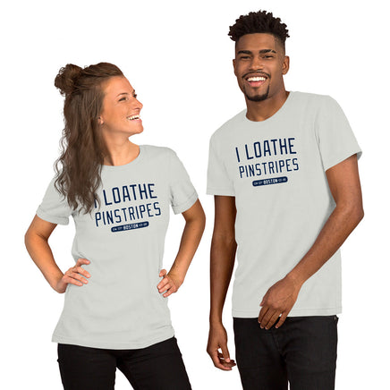 photograph of man and woman wearing I Loathe Pinstripes-The Red Seat grey t-shirt with boston world series wins Yankees Suck