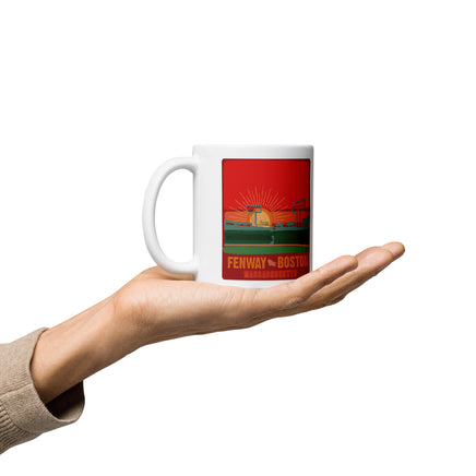 photo of white mug with the red seat boston hand drawn design of sunset at fenway park red mug