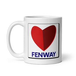 white ceramic mug with the boston fenway citgo sign in the shape of a heart