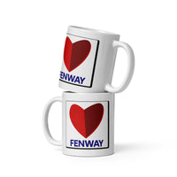 2 white ceramic mugs with the boston fenway citgo sign in the shape of a heart