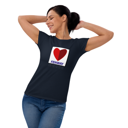 woman wearing navy blue women's t-shirt with the boston fenway citgo sign in the shape of a heart