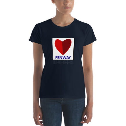 woman wearing navy blue women's t-shirt with the boston fenway citgo sign in the shape of a heart